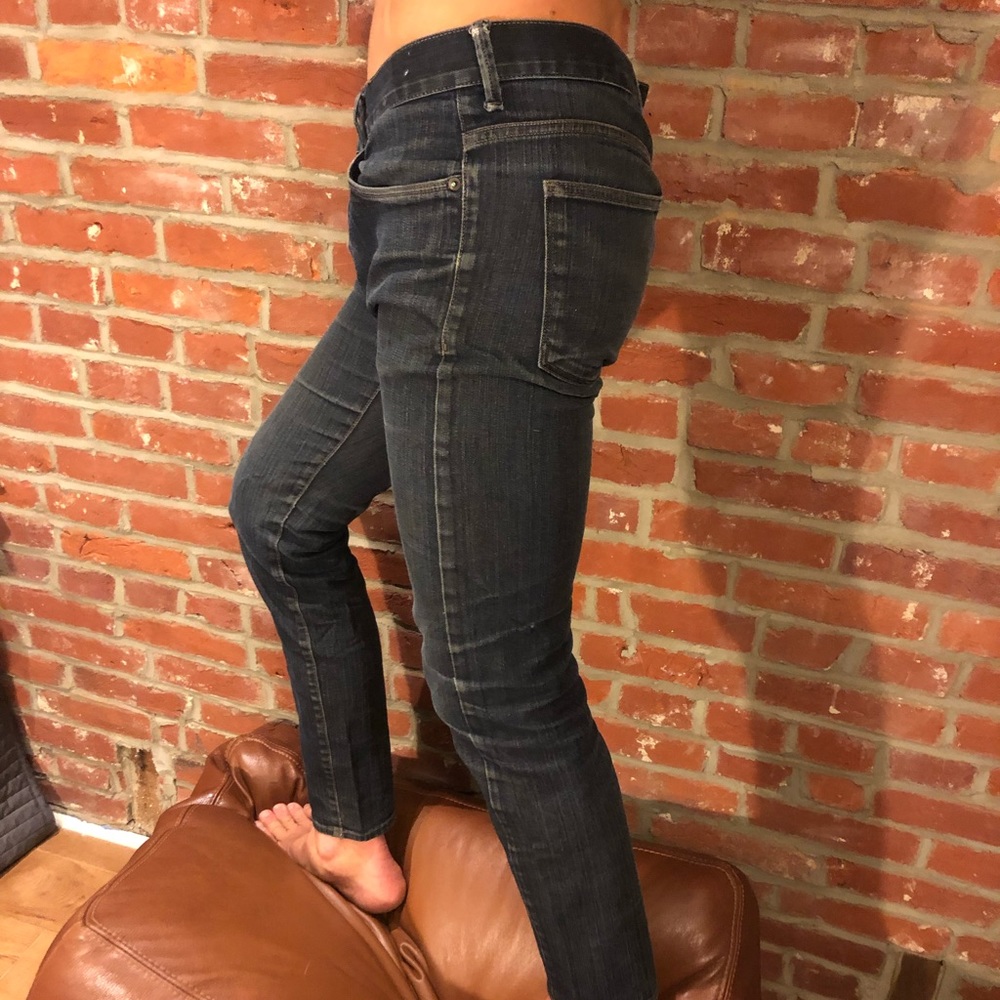 Slim Cut Dark Wash Button Fly Blue Jeans